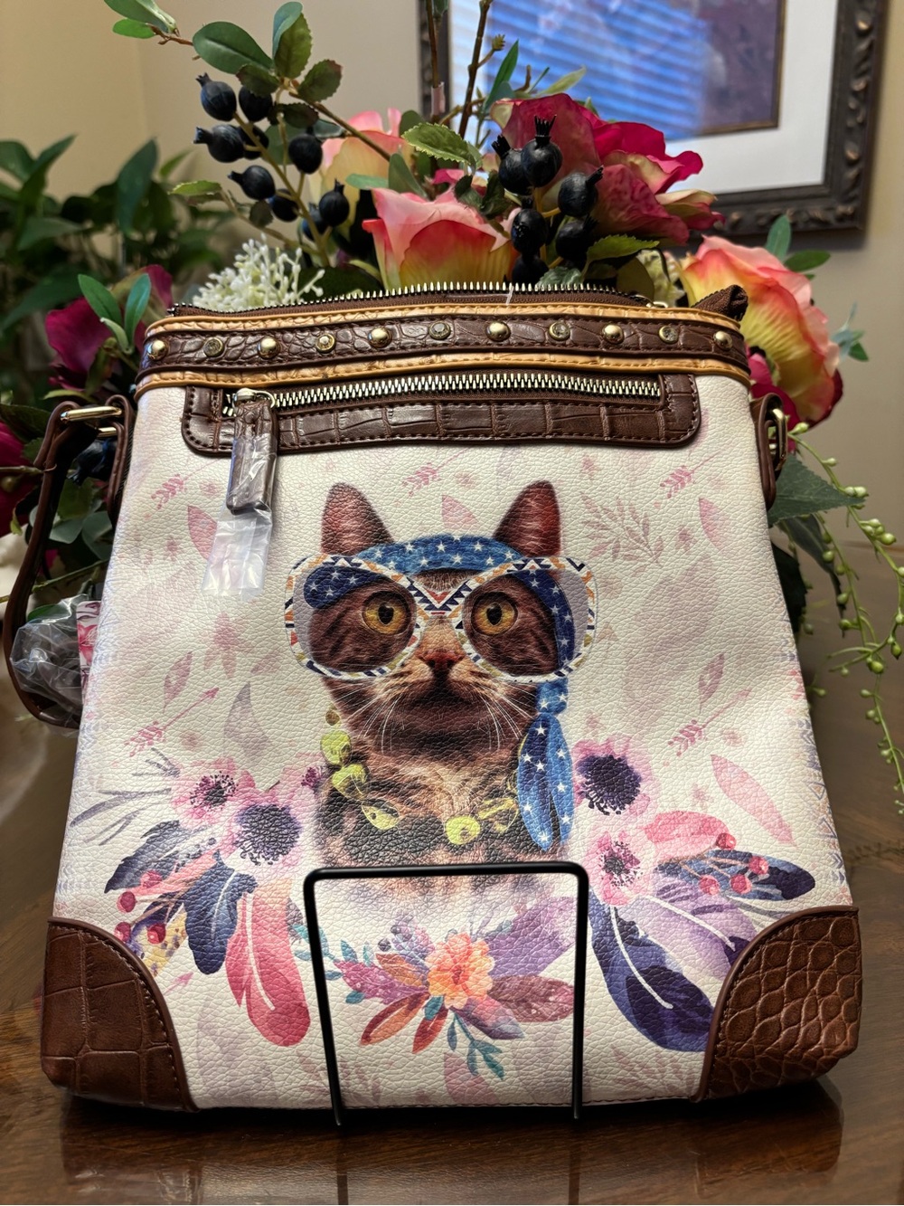 Brennan Cat-Print Crossbody Bag in Cream & Brown NWT’s